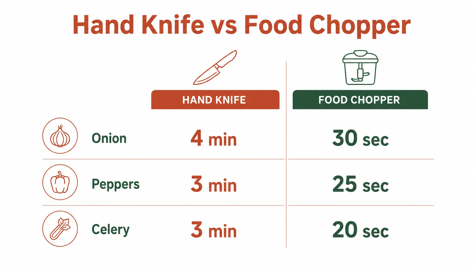 Side-by-side comparison showing 5 minutes of hand-chopped vegetables versus 90 seconds of machine-chopped vegetables