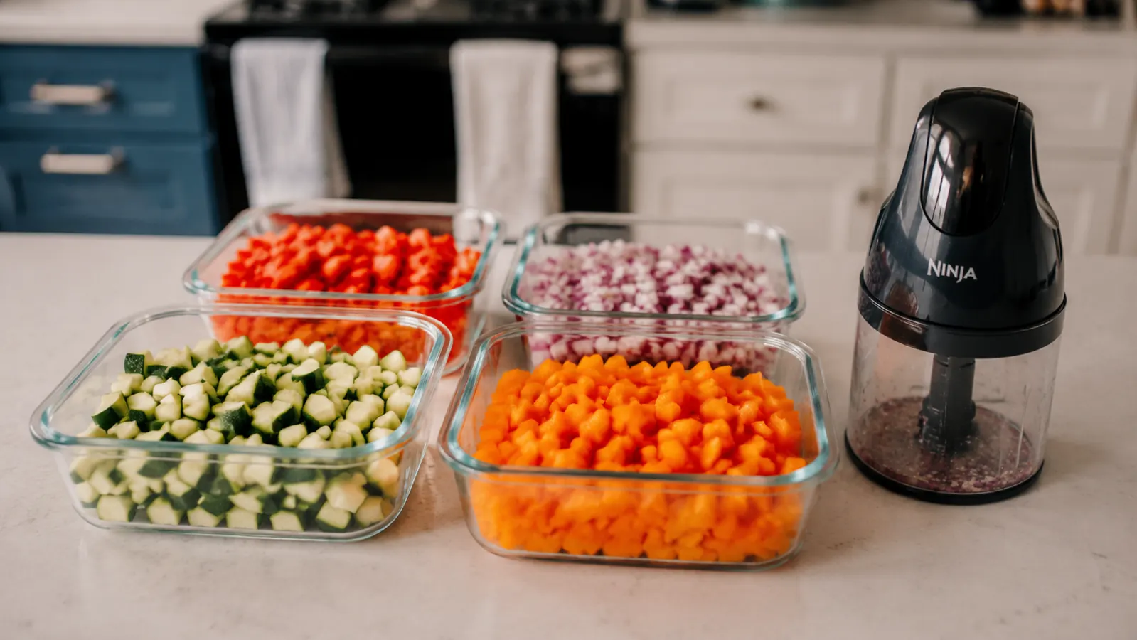 Meal prep containers filled with prepped vegetables next to the Fullstar chopper on a kitchen counter