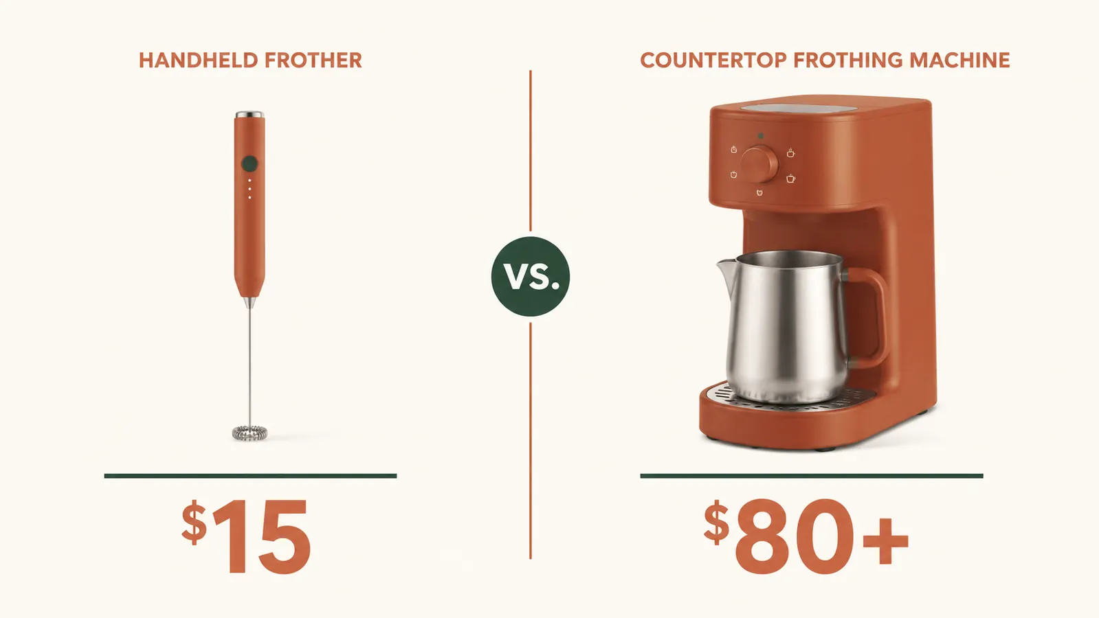 Side-by-side comparison showing a small handheld frother wand next to a large countertop electric frother machine