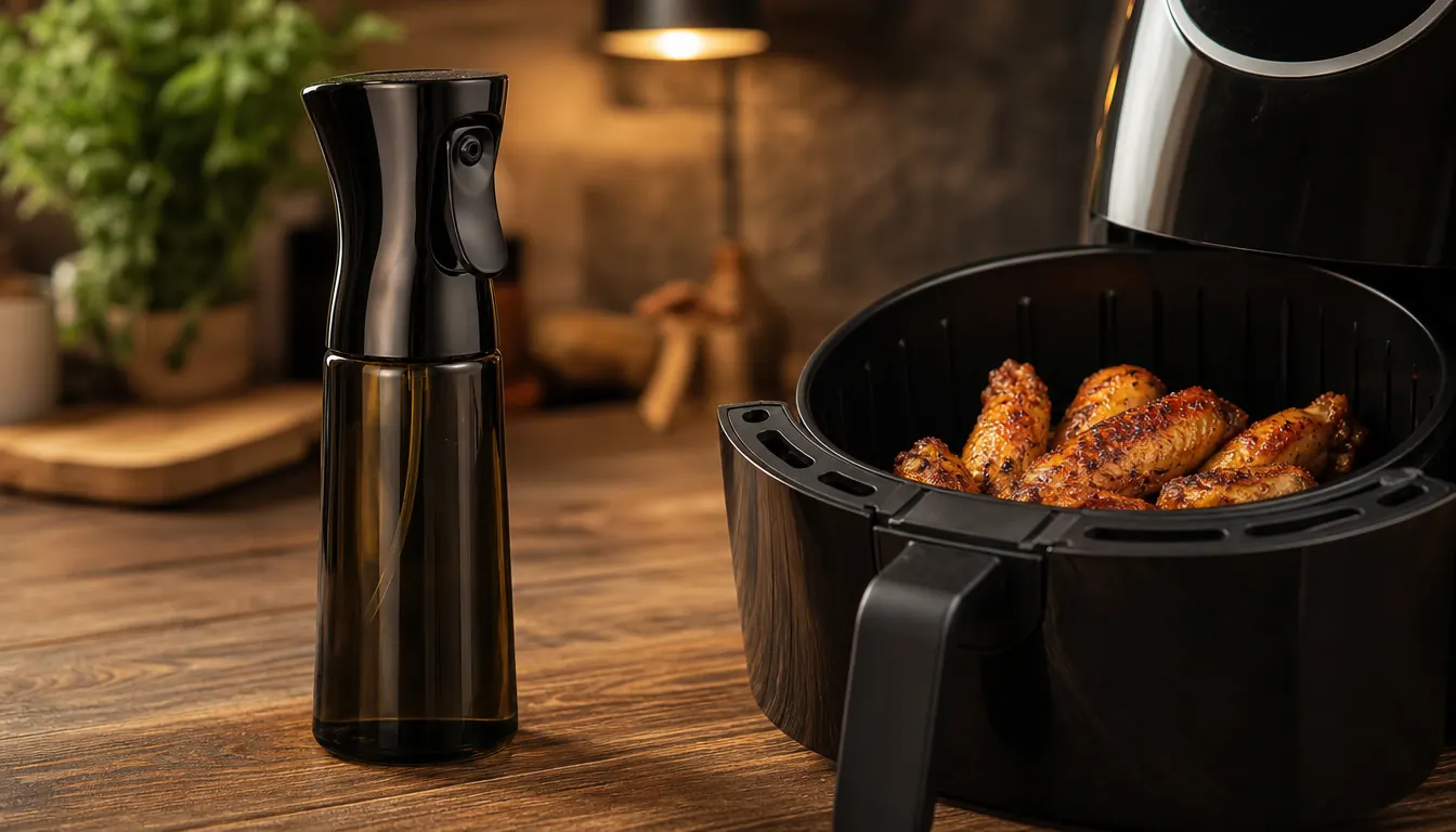 Glass oil sprayer positioned beside an open air fryer basket with seasoned chicken wings inside