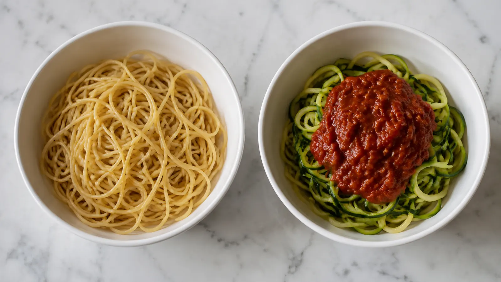 Side-by-side plate showing a bowl of pasta next to an equal-sized bowl of spiralized zucchini noodles