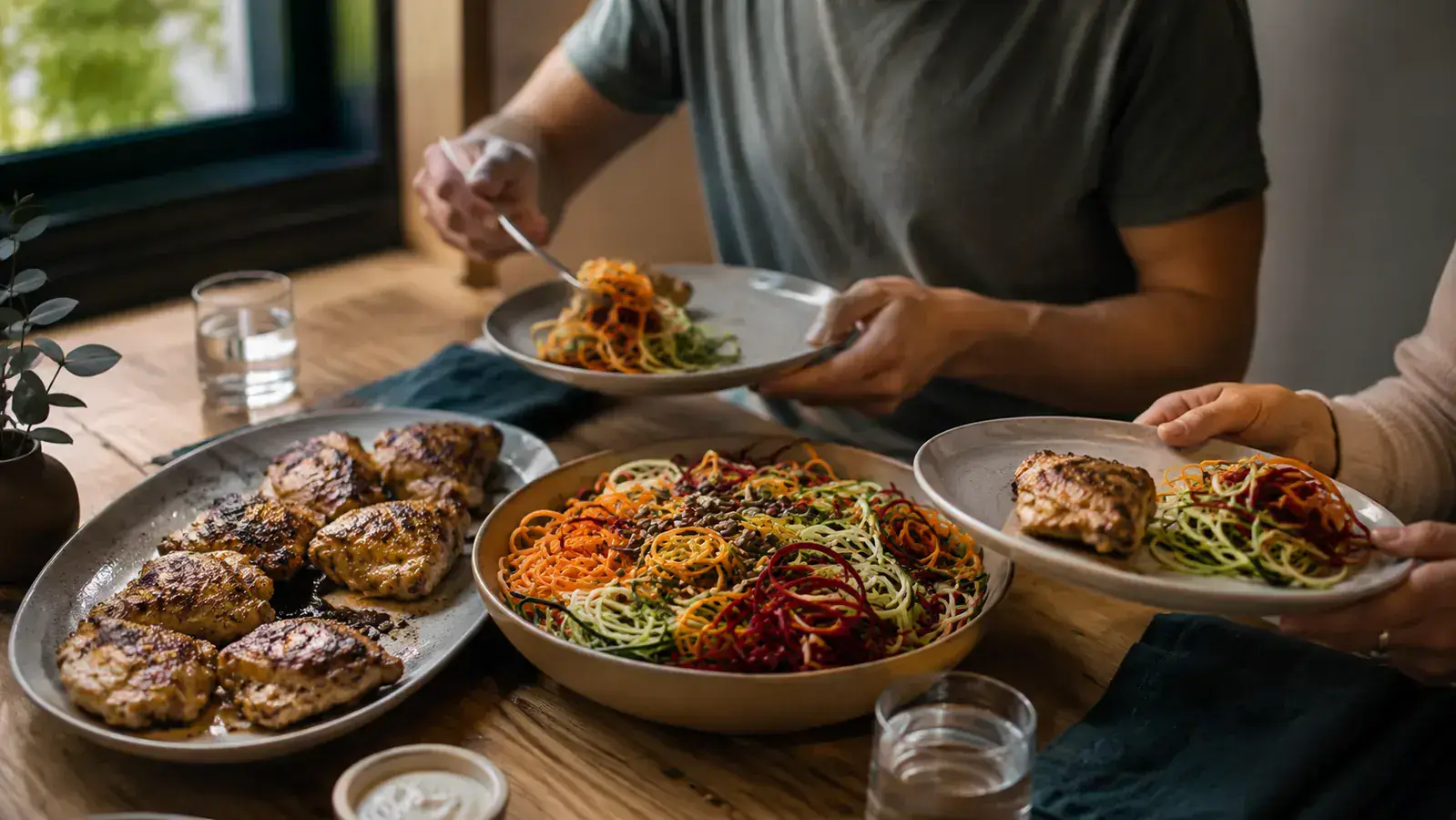 Family dinner table with a colorful spiralized vegetable dish as the centerpiece alongside grilled chicken