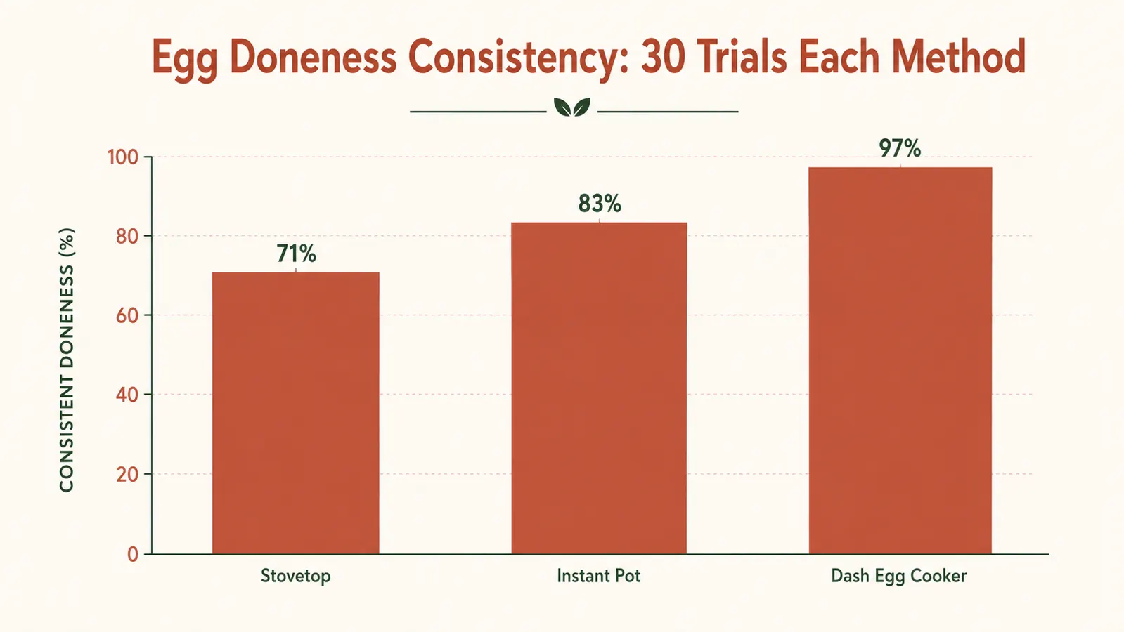 Chart comparing hard-boiled egg consistency results across stovetop, Instant Pot, and Dash egg cooker over 30 trials
