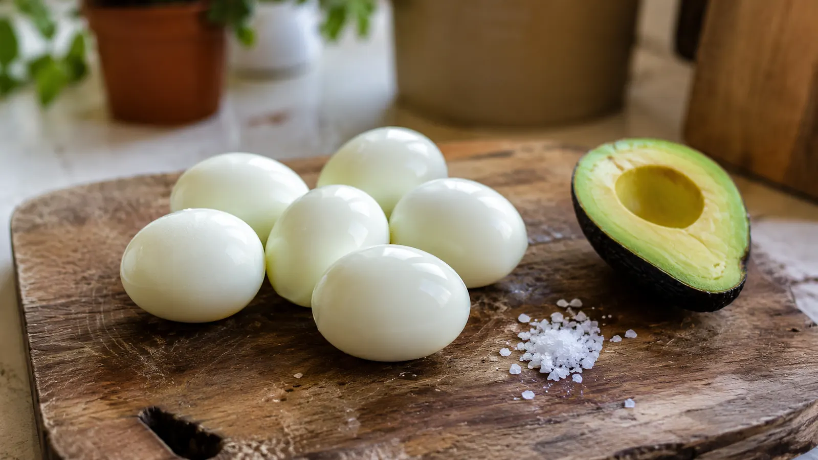 Perfectly peeled hard-boiled eggs on a cutting board next to a sliced avocado for breakfast