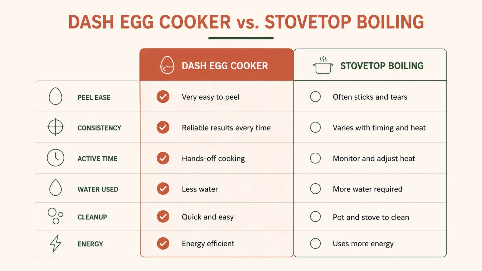 Side-by-side chart comparing Dash egg cooker and stovetop boiling across six performance categories