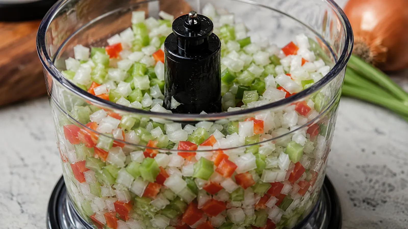 Diced vegetables filling a clear plastic container after chopping, showing uniform cube size