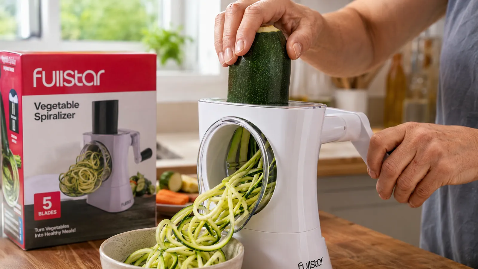 Close-up of a hand pressing a zucchini against the Fullstar spiralizer blade assembly with noodles coming out the front
