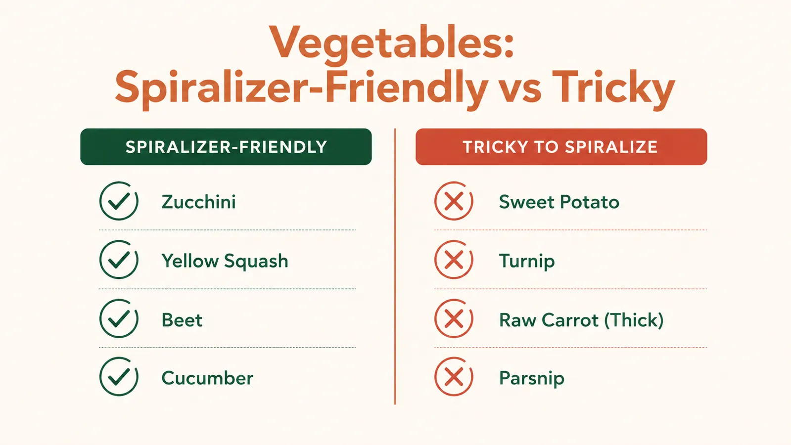 Diagram comparing which vegetables work well versus poorly in a tabletop spiralizer, shown as a two-column chart