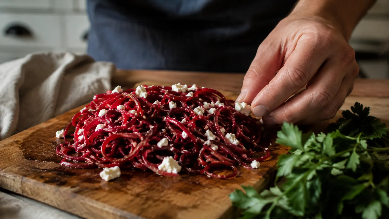 A plate of spiralized beet noodles tossed with olive oil and crumbled feta on a wooden cutting board