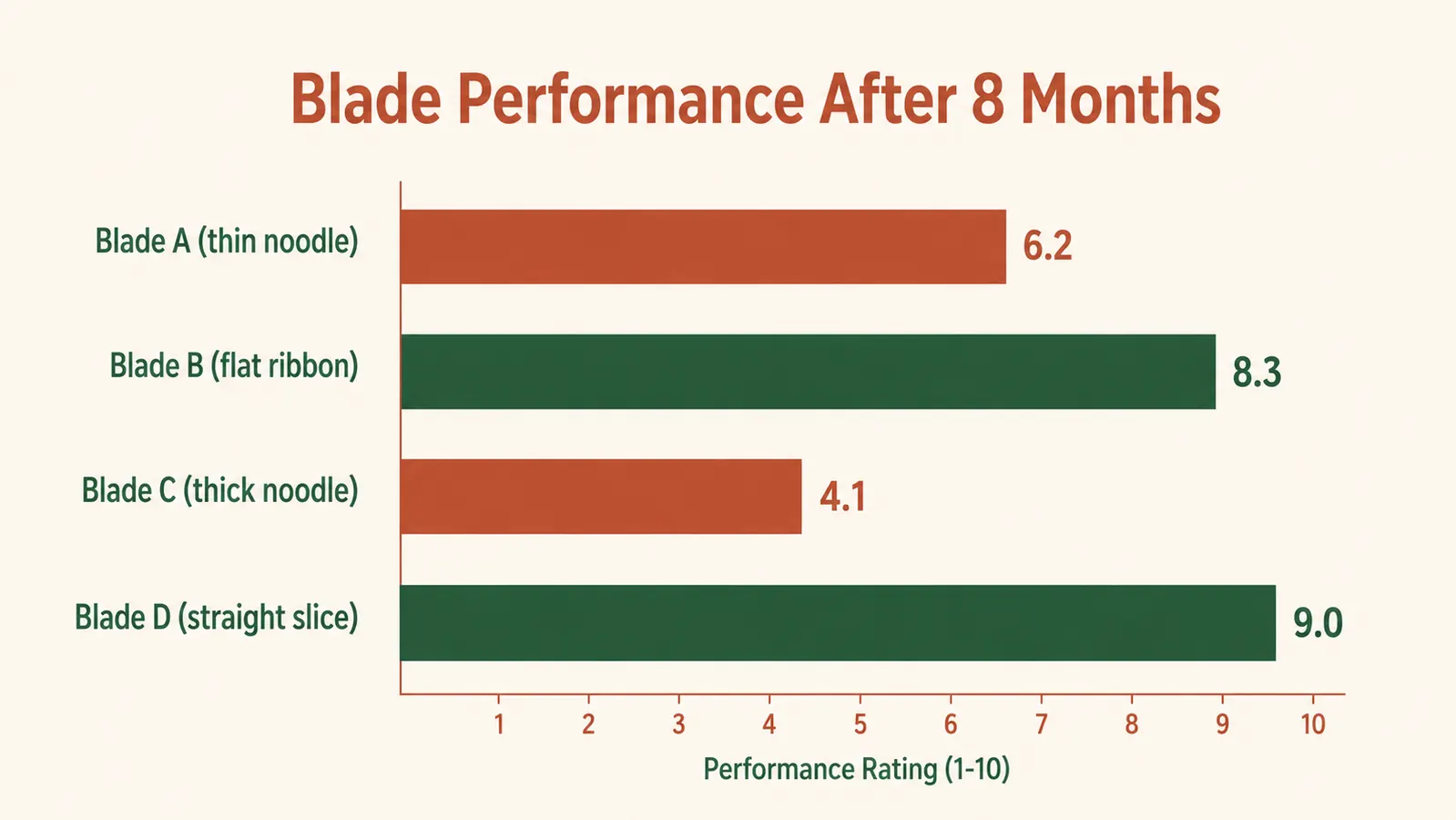 Chart showing blade sharpness rating across four spiralizer blades over 8 months of weekly use