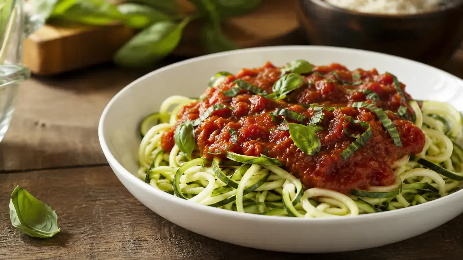 A finished bowl of zucchini noodles topped with marinara sauce and fresh basil on a wooden table