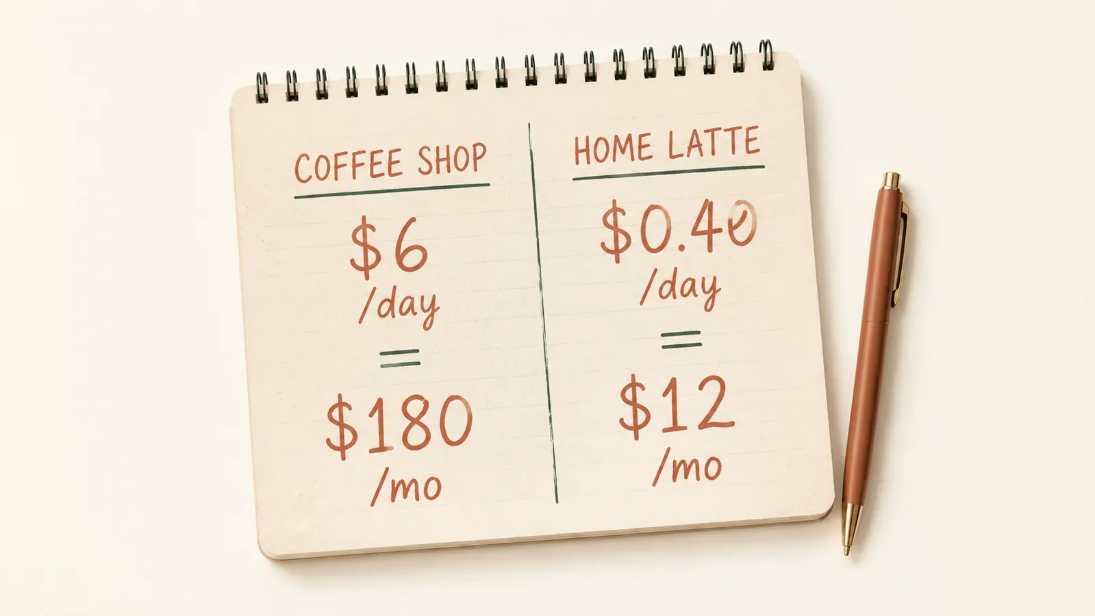 A simple handwritten note on a notepad showing coffee shop costs versus homemade latte costs per month