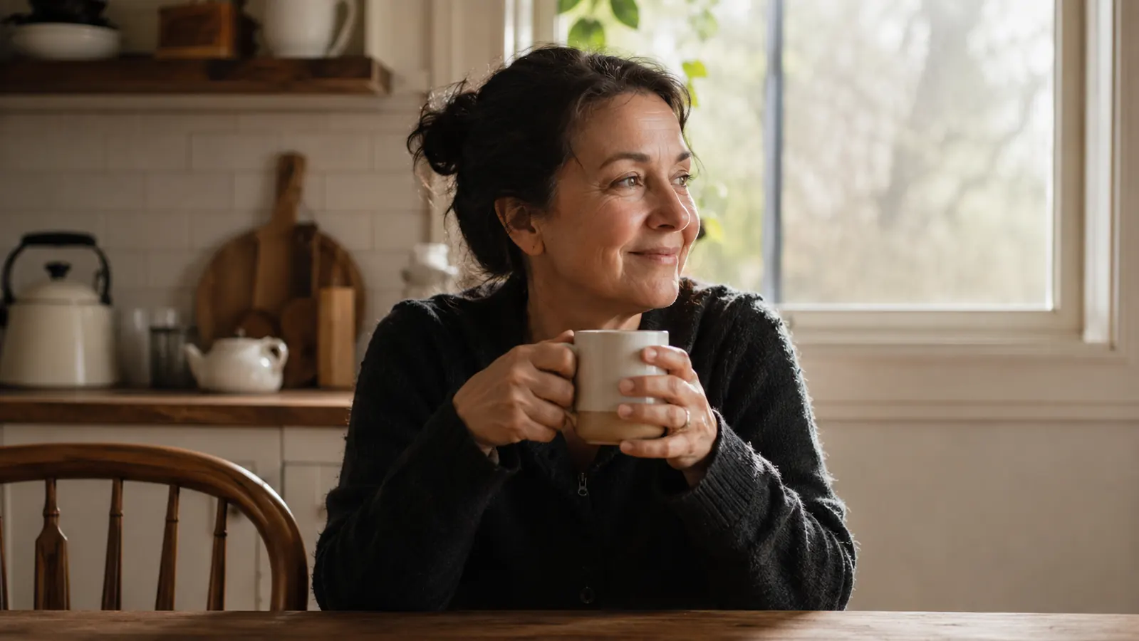 A person sitting at a kitchen table with a mug of coffee, relaxed morning posture, sunlight through a window