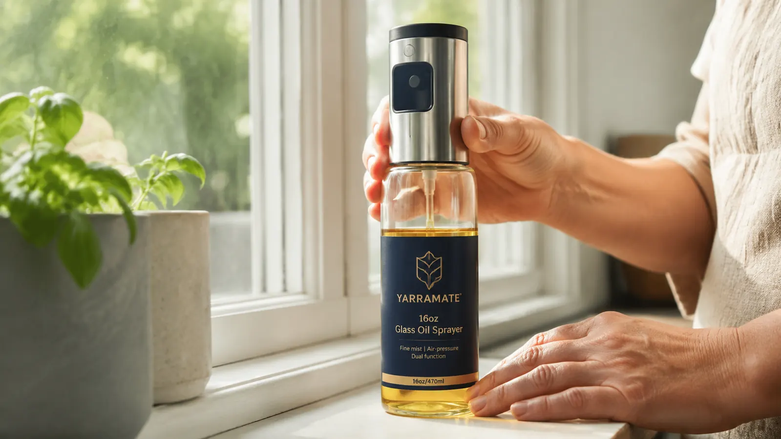 Close-up of glass oil sprayer bottle filled with golden olive oil on a kitchen windowsill