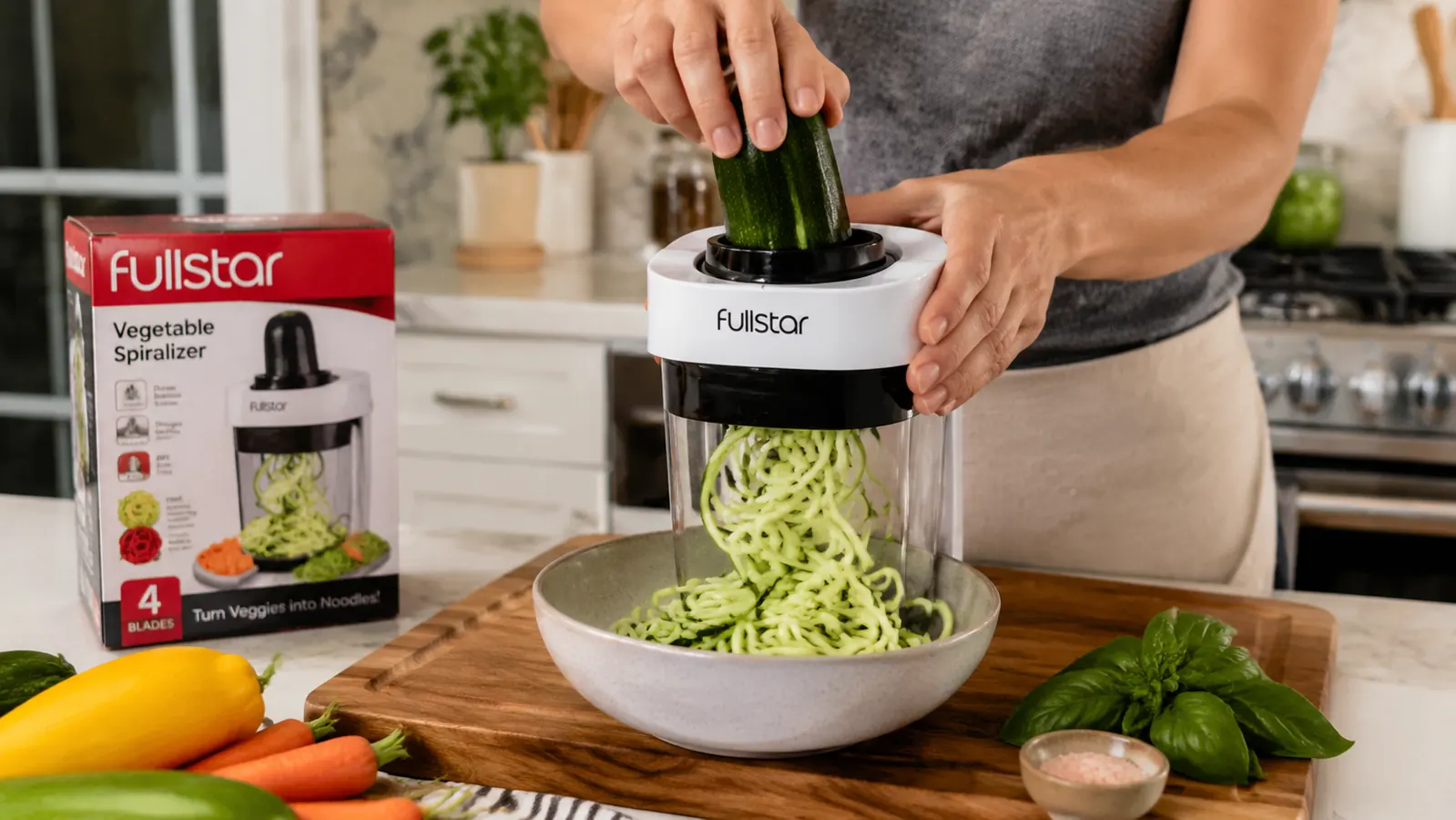 Fullstar spiralizer being used to spiralize a zucchini over a cutting board