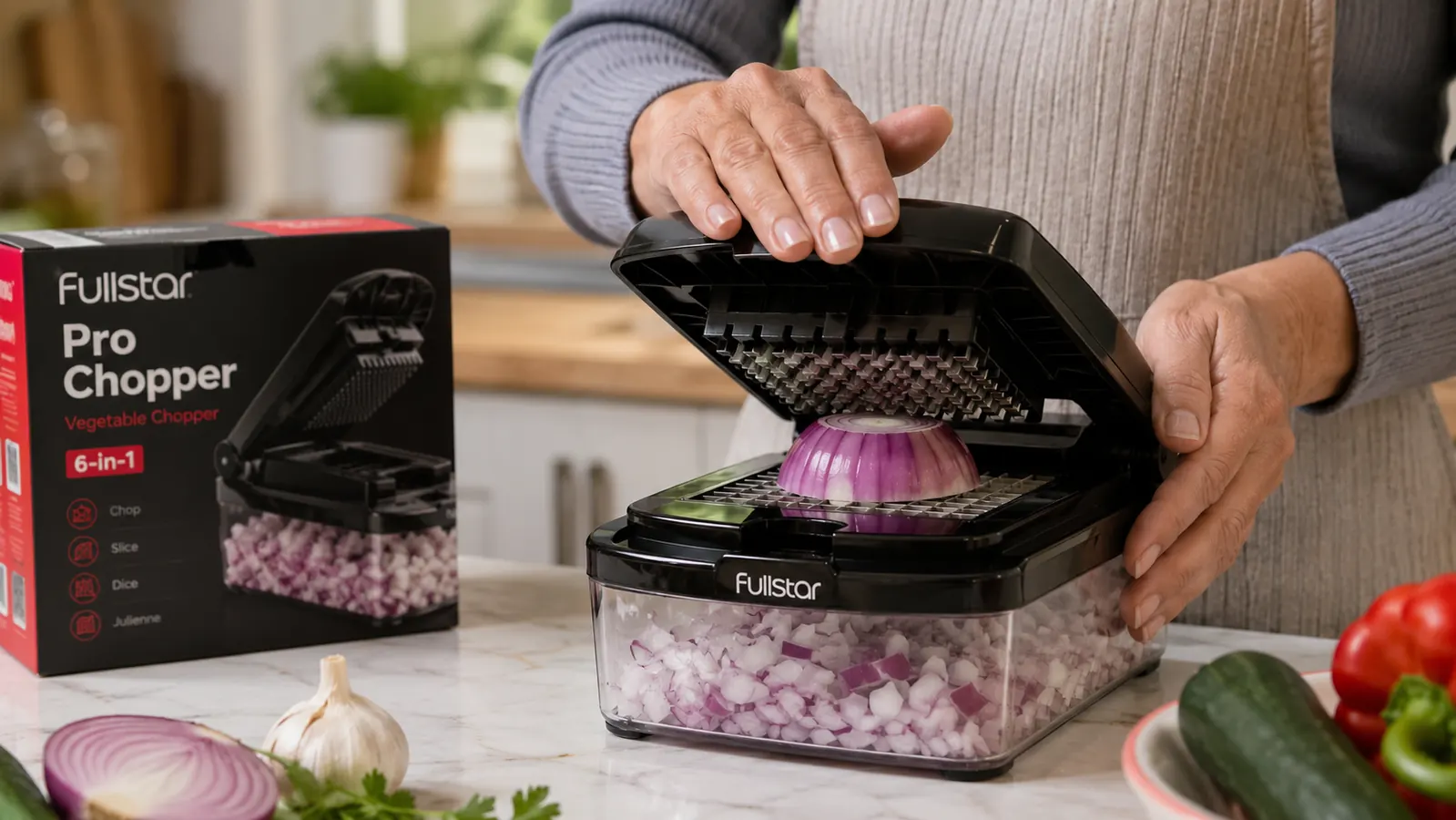 Hand pressing the lid of a food chopper down onto a halved onion set over the container