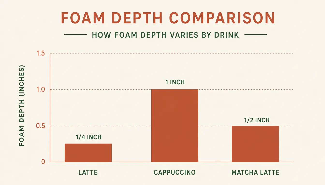 Side-by-side comparison chart showing foam thickness for latte versus cappuccino versus matcha latte, labeled in clean typography