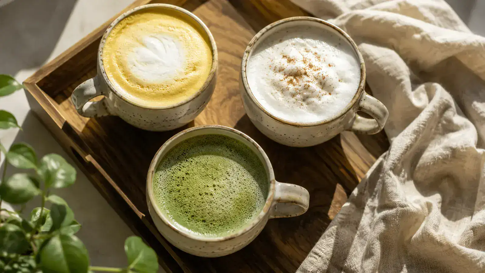 Overhead view of three mugs on a wooden tray, one latte, one cappuccino, one matcha latte, each with distinct foam levels
