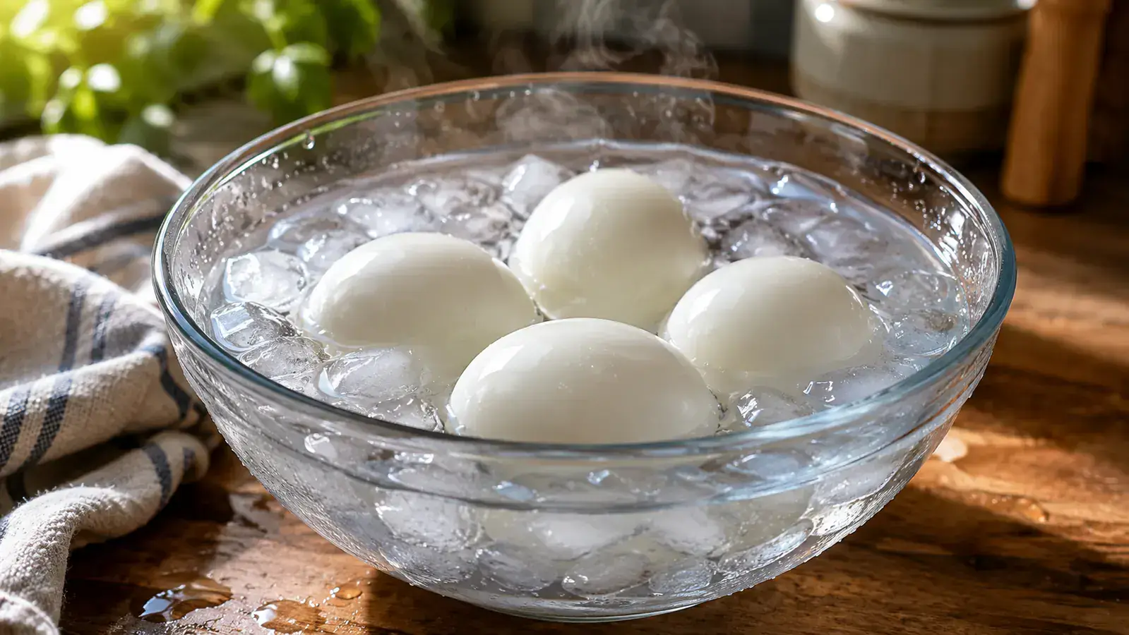 Hard-boiled eggs sitting in an ice bath in a bowl right after cooking, steam rising slightly