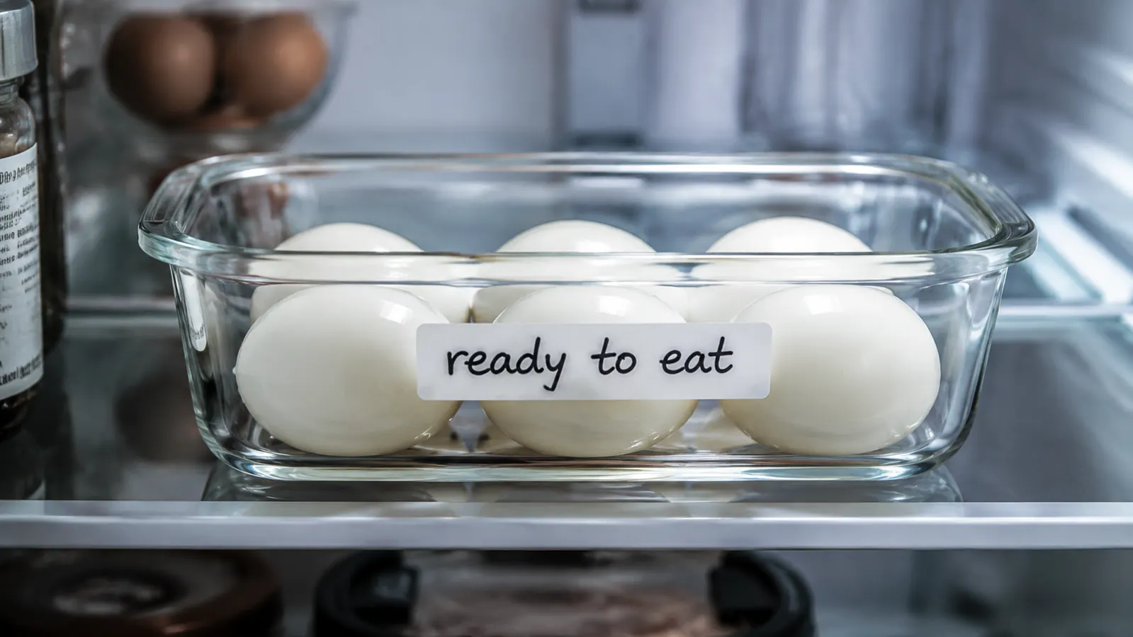 Six peeled hard-boiled eggs in a glass meal prep container in the refrigerator, ready for the week