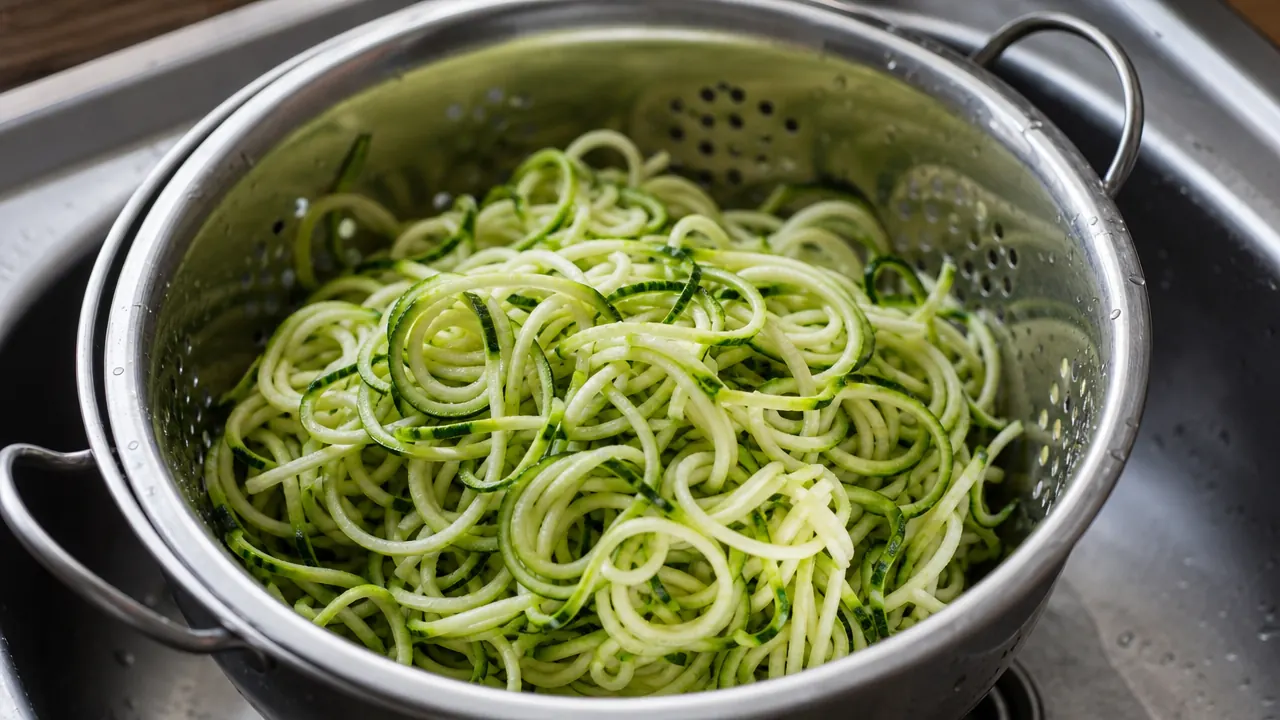 Salted zucchini noodles draining in a colander in the sink