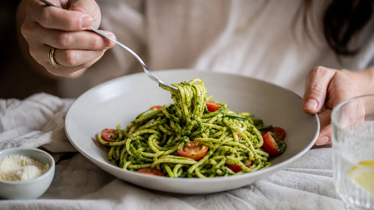 A finished plate of zucchini noodles with pesto sauce and cherry tomatoes, fork twirled through noodles