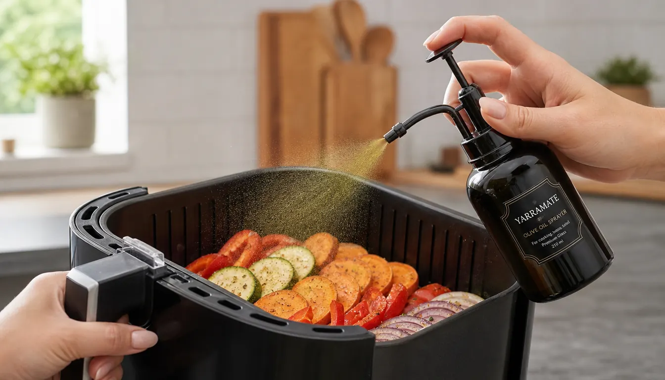 Hand misting olive oil over vegetables in an air fryer basket from a glass spray bottle
