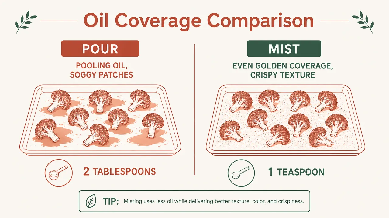 Comparison showing thick oil pour versus fine mist coverage on identical food portions