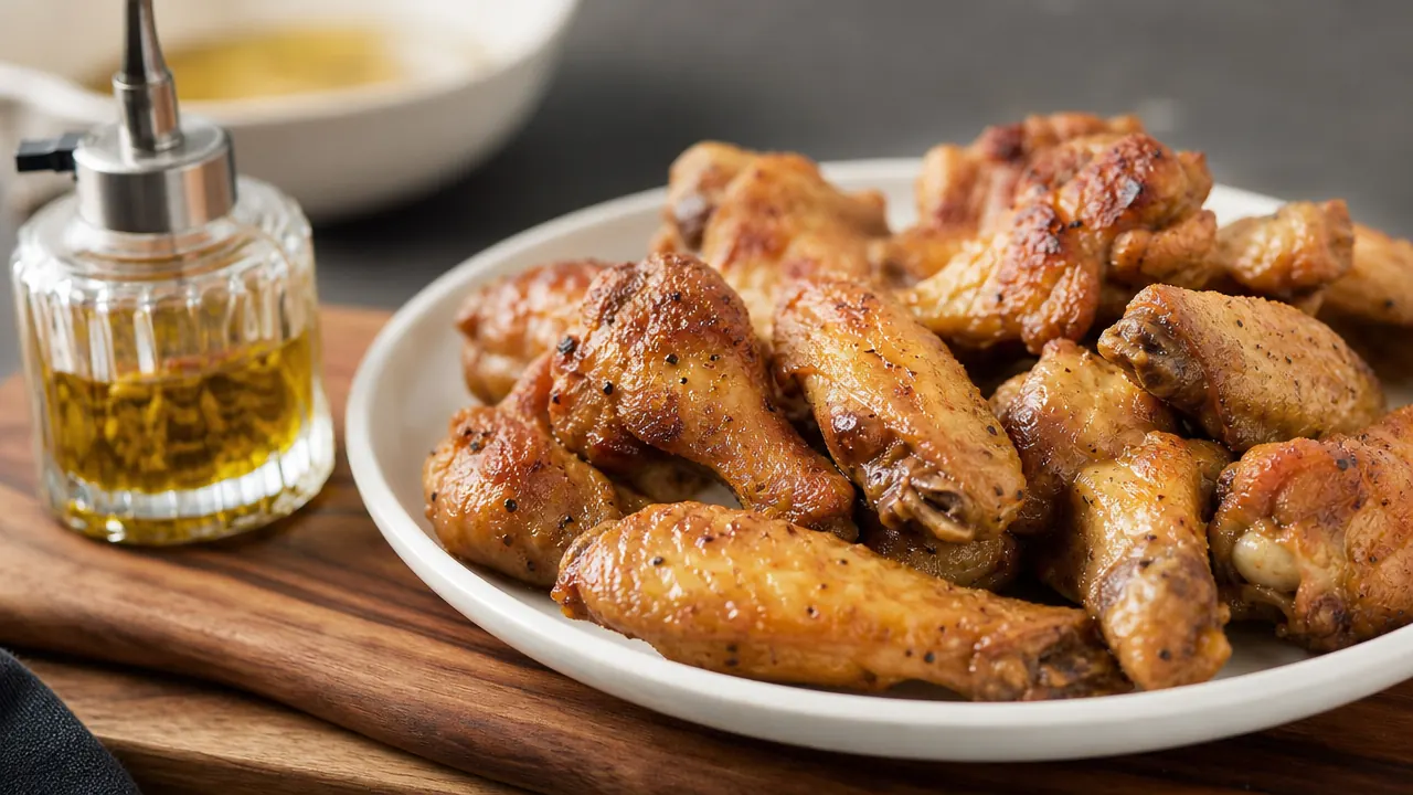 Golden crispy chicken wings on a white plate next to the glass oil sprayer on a wooden cutting board