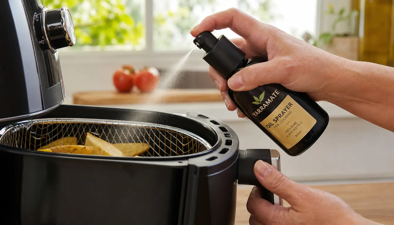 Hand holding the YARRAMATE oil sprayer and misting the basket of a countertop air fryer