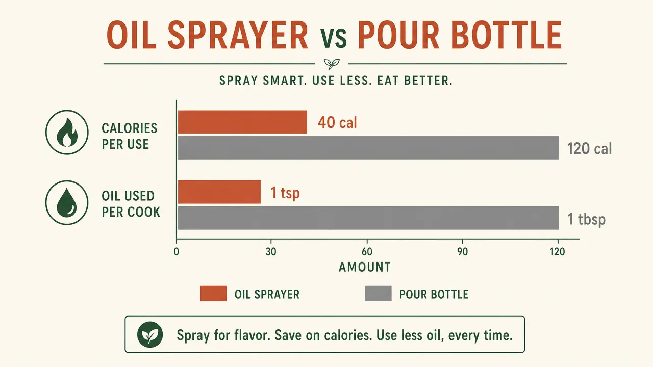 Side-by-side comparison chart of oil sprayer vs pour bottle showing calories per use