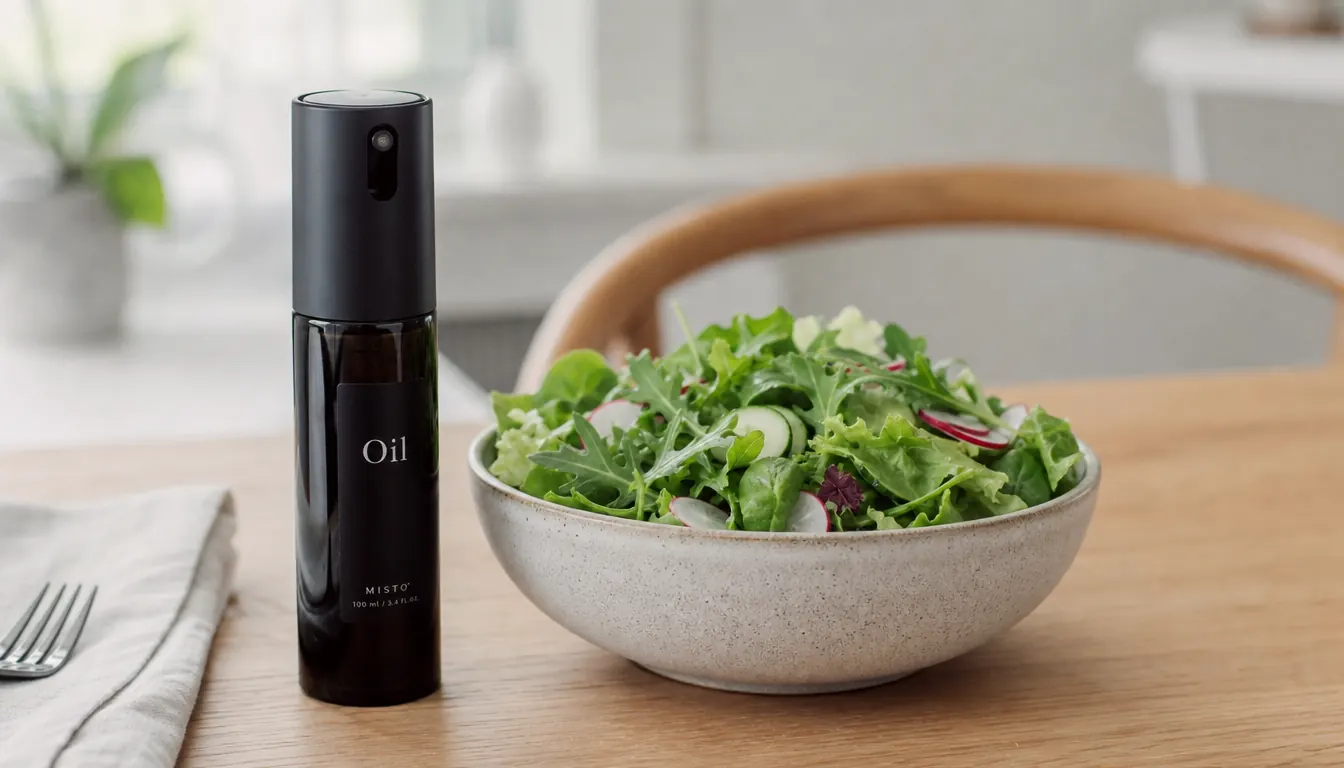 YARRAMATE oil sprayer next to a bowl of fresh green salad on a kitchen table