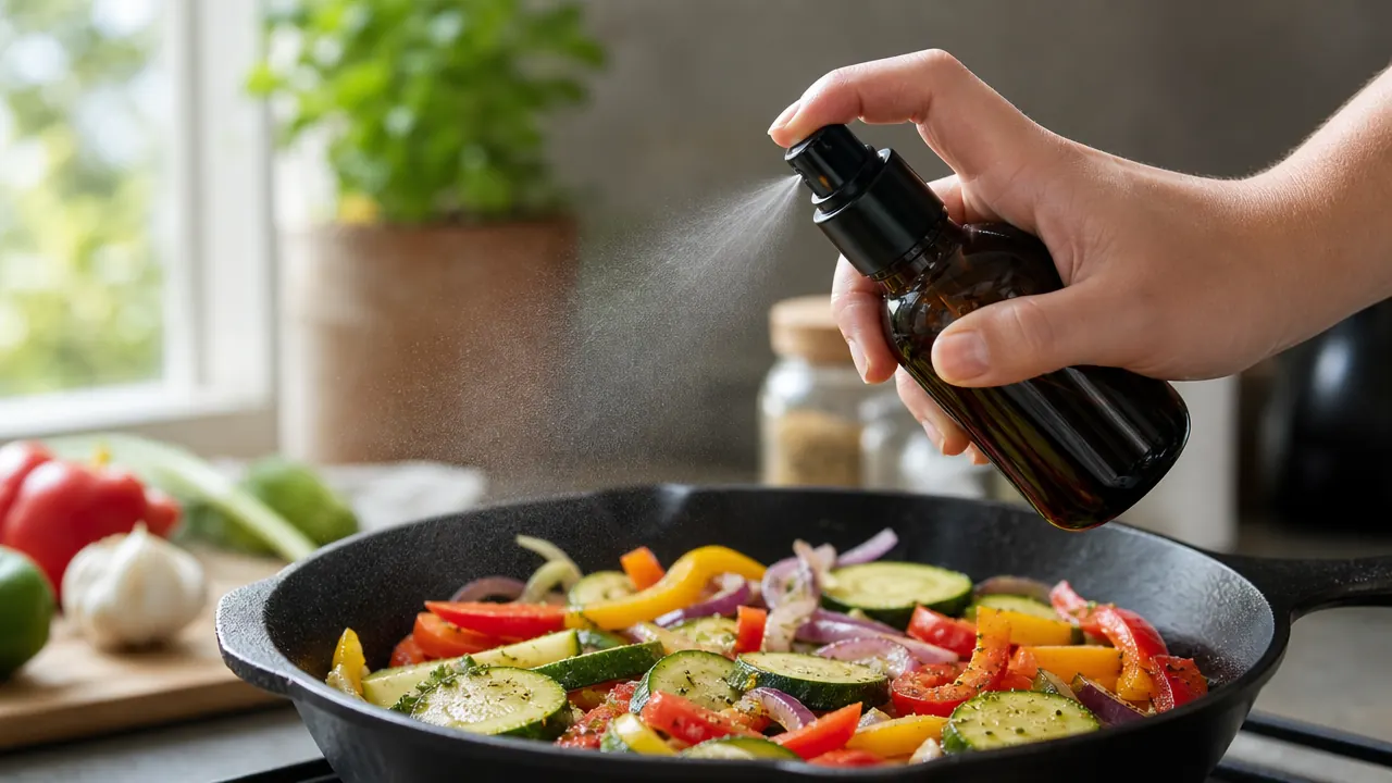 Hand misting oil from the YARRAMATE sprayer over vegetables in a cast iron skillet