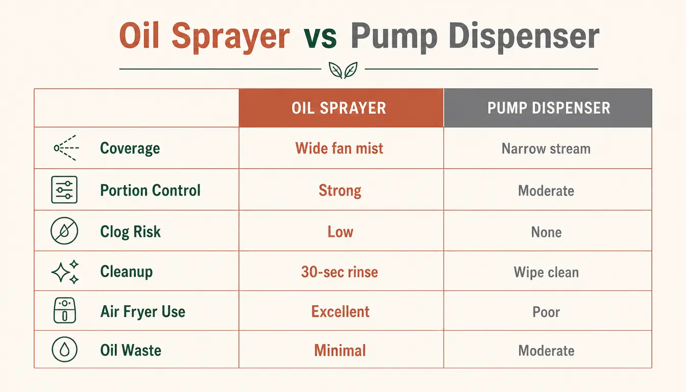 Side-by-side chart comparing oil sprayer and pump dispenser on six kitchen metrics