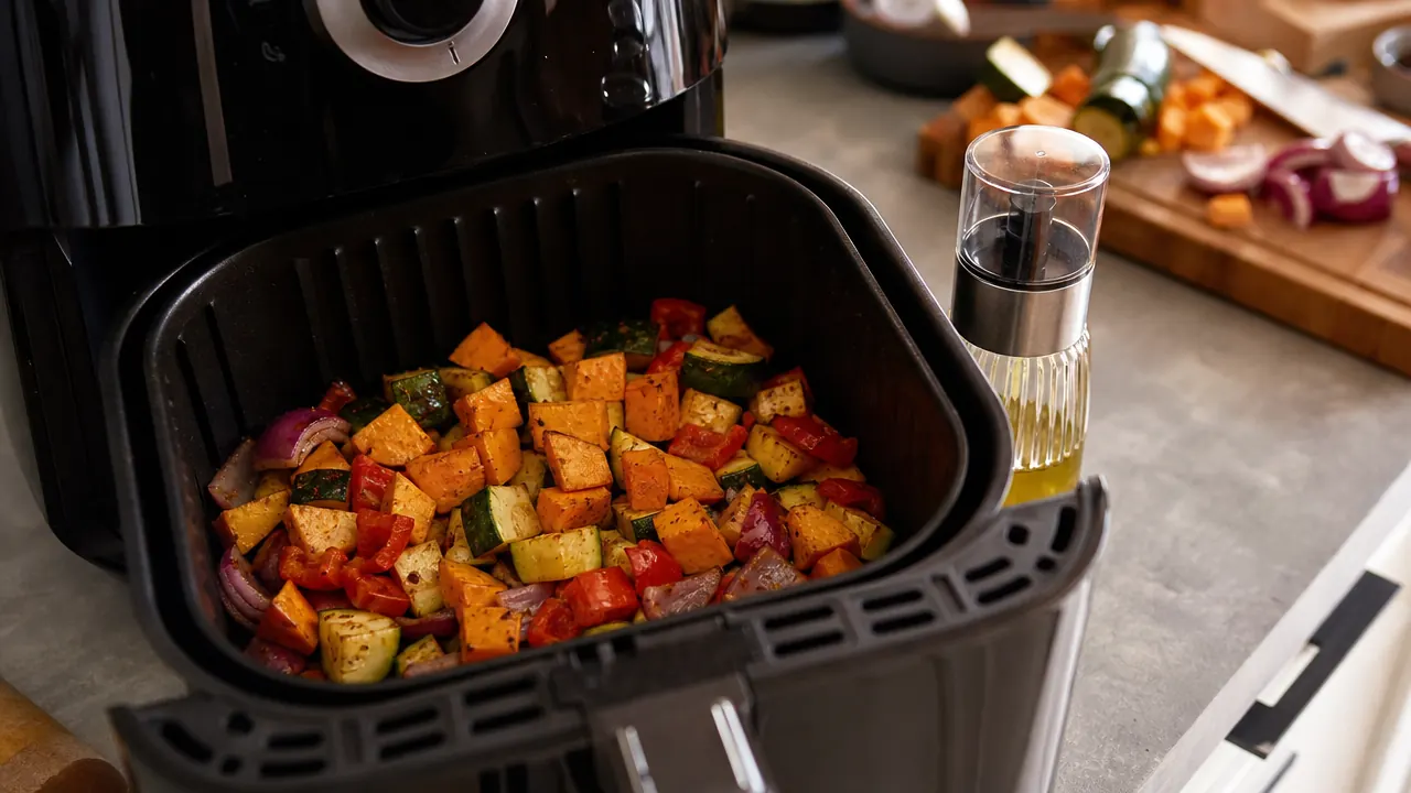 Air fryer basket with evenly misted vegetables, glass oil sprayer resting alongside