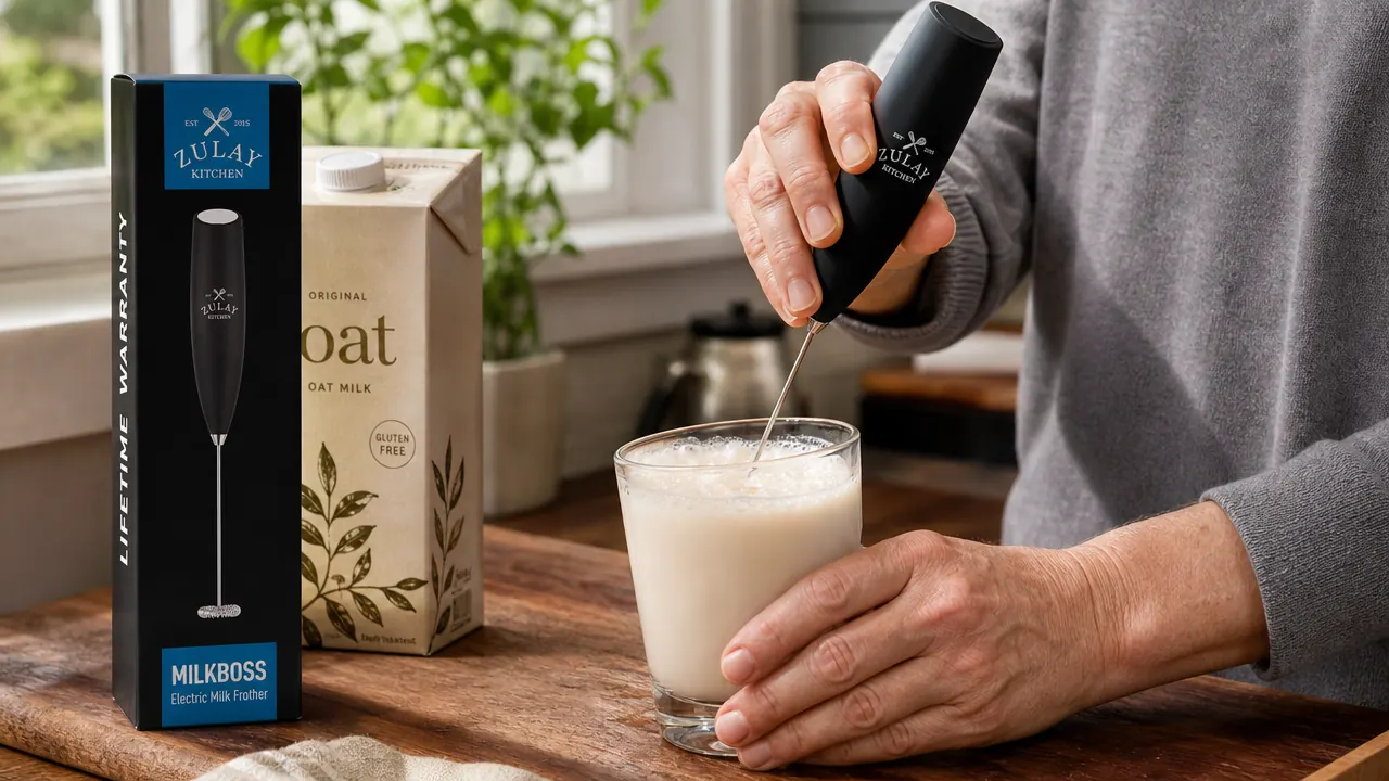 Close-up of a handheld frother wand being held at a slight angle in a narrow glass cup of warm oat milk, foam forming at the surface
