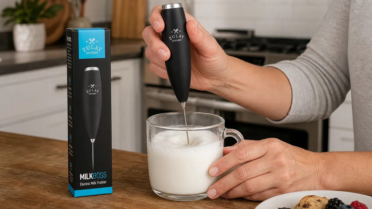 Hand holding a Zulay milk frother wand inside a glass mug of steamed milk, foam forming at surface